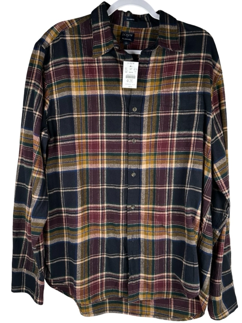 J. Crew Classic Plaid Flannel Navy Burgundy Button Up Collared Shirt Large NWT
